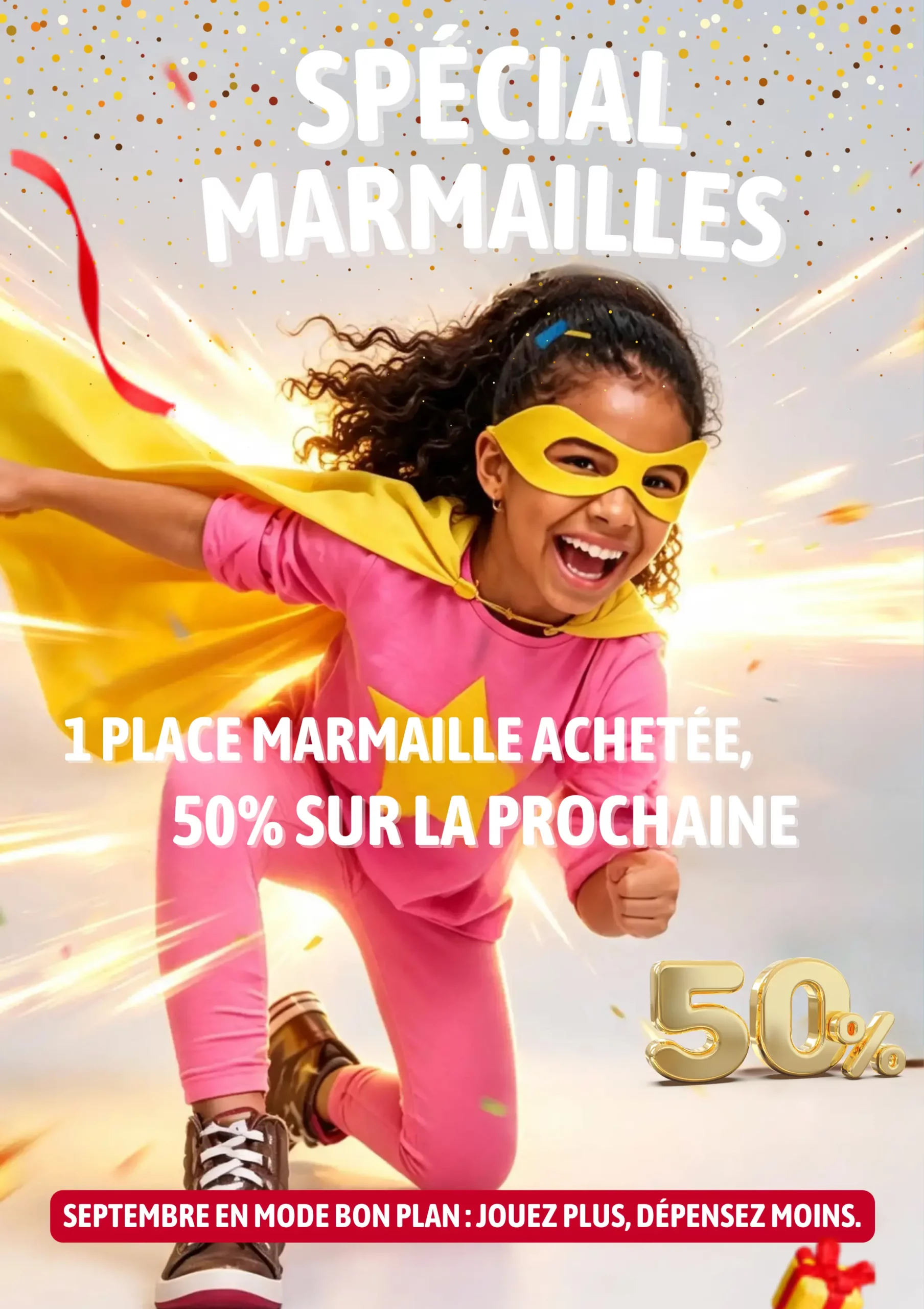 Affiche promotionnelle pour l'offre "Spécial Marmailles" d'OCorner, représentant une jeune fille joyeuse en costume de super-héroïne avec une cape jaune et un masque, sur fond de confettis dorés et d'effets lumineux.